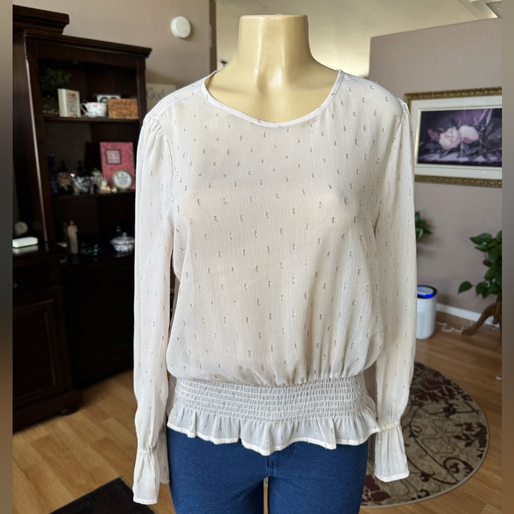 Crescent & Willough light cream & silver sheer blouse-size L